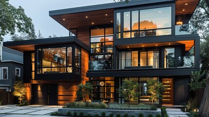 Poster - An urban home of three stories. contemporary design as a fusion of glass, stained wood and dark gray panels. flat roof design. the setting is a dense upscale urban environment.