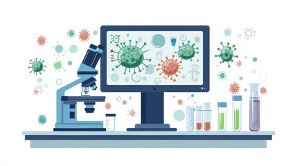 Aufkleber - Laboratory setting showcasing microscopes, test tubes, and bacteria visuals on a monitor for scientific research. Generative AI