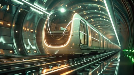 Aufkleber - A futuristic metro train traveling through a vibrant and illuminated tunnel, glowing neon green and white accents, sleek modern design, a clear view of the Earth from space sunset in the background.