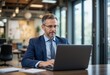 © IQ-Photography - Mature businessman working on laptop. Handsome mature business leader sitting in a modern office, hd image