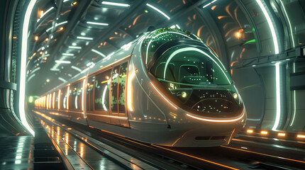Aufkleber - A futuristic metro train traveling through a vibrant and illuminated tunnel, glowing neon green and white accents, sleek modern design, a clear view of the Earth from space sunset in the background.