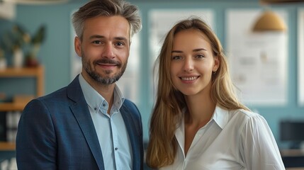 Aufkleber - Two marketing managers in office, man and women.