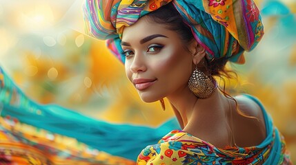 A women dancer in traditional attire, featuring flowing fabrics with intricate floral and geometric patterns that reflect vibrant carnival colors like turquoise, and gold.