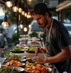 Poster - A local food truck with chefs preparing dishes, chopping vegetables, and plating meals.