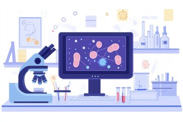 Aufkleber - Laboratory setting features microscopes, test tubes, and digital displays of bacteria visuals for scientific research. Generative AI