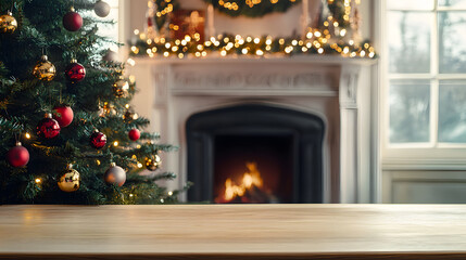 Canvas Print - Empty table in front of christmas tree and fireplace decorations