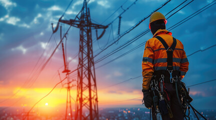 Aufkleber - An electrician wearing safety gear working on a power pole at sunset.