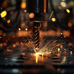 Fototapete - A high-performance drilling machine with angled drill bit piercing through a hard material. Bright sparks fly dramatically from the contact point, lighting up the industrial scene with a fiery glow.