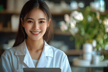 Aufkleber - smiling Asian businesswoman using tablet.