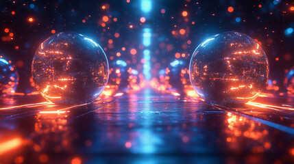 Wall Mural - a rhythmic arrangement of glowing spheres with bright highlights reflected in a deep blue space.