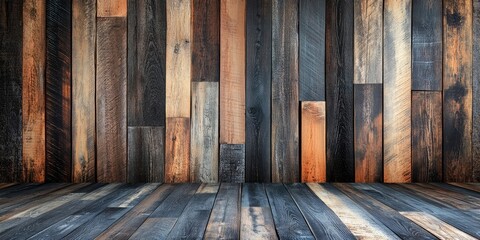 Wall Mural - Aged wooden backdrop featuring a blend of dark and light natural wood planks arranged vertically with rich textures and tones creating depth.