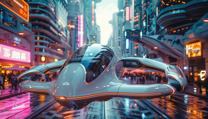 Poster - A futuristic cityscape with flying cars, neon lights.
