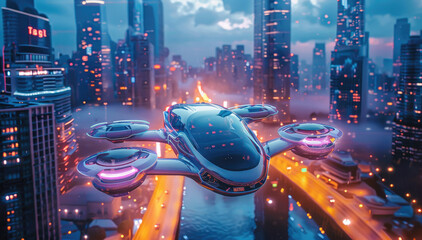 Poster - A futuristic cityscape with flying cars, neon lights.