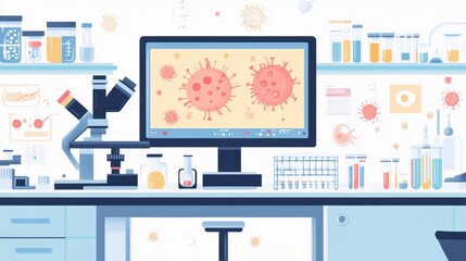 Aufkleber - Laboratory setting with microscopes, test tubes, and bacteria visuals on monitor in an advanced research environment. Generative AI