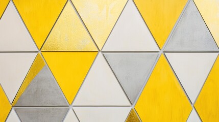 Wall Mural - A dynamic arrangement of bold triangles in butter yellow, white, and gray showcases modern design elements. The interplay of colors enhances the visual appeal of the surface