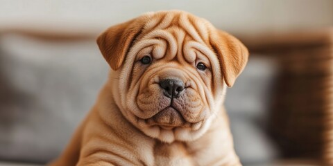 Wall Mural - Cute Shar Pei puppy with wrinkled tan fur sitting against a blurred background with soft neutral tones and a light texture on the surface.