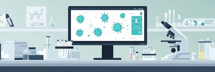 Leinwandbilder - Modern laboratory workspace with microscopes, test tubes, and digital bacteria visuals displayed on monitor. Generative AI