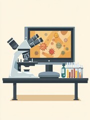 Fototapete - Laboratory equipped with microscopes and test tubes reveals bacteria visuals on a monitor. Generative AI