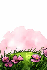 Sticker - A whimsical illustration featuring pink flowers on a grassy mound beneath a soft, pink cloud.