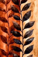 Sticker - A stylish watercolor illustration featuring black leaves against a warm, textured orange and beige background, showcasing natural beauty and artistic flair.