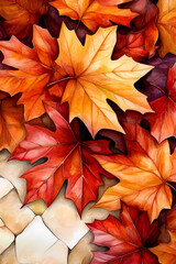 Sticker - A vibrant arrangement of autumn leaves in shades of red, orange, and yellow, creating a warm, seasonal aesthetic.