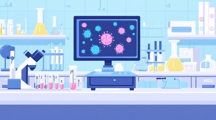 Leinwandbilder - Laboratory environment featuring microscopes, test tubes, and bacteria visuals on a computer monitor. Generative AI