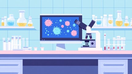 Aufkleber - Laboratory setting with microscopes, test tubes, and digital bacteria visuals on a monitor during a scientific analysis session. Generative AI