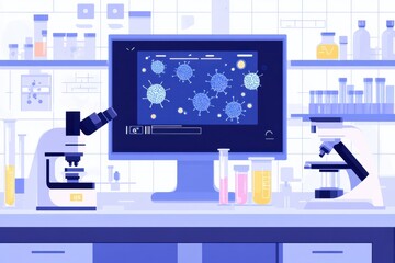 Aufkleber - Laboratory setup with microscopes and monitors displays bacteria visuals and test tubes for research analysis. Generative AI
