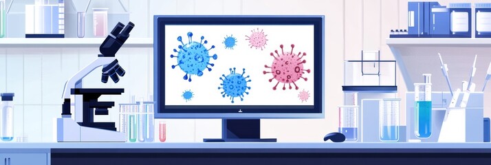 Aufkleber - Laboratory setting illustrating scientific study with microscopes, test tubes, and bacteria visuals on a monitor. Generative AI