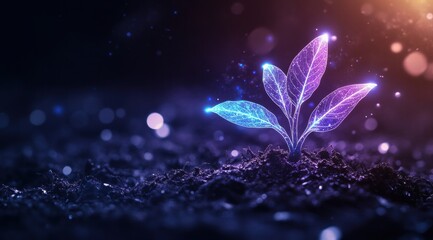 Wall Mural - Abstract digital hologram of a growing plant with glowing leaves on a dark soil background