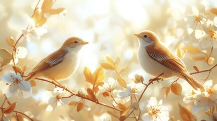 Wall Mural - Two birds perched on flowering branches in soft sunlight.