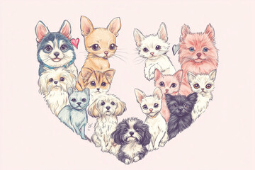 Naklejka na meble A soft pastel heart with pets drawn in a sketch style, postcard design with empty space for greeting. Valentine concept, veterinary