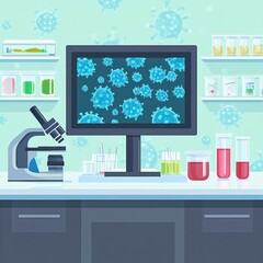 Aufkleber - Laboratory showcasing microscopes, test tubes, and bacteria visuals on a monitor in an active research environment. Generative AI