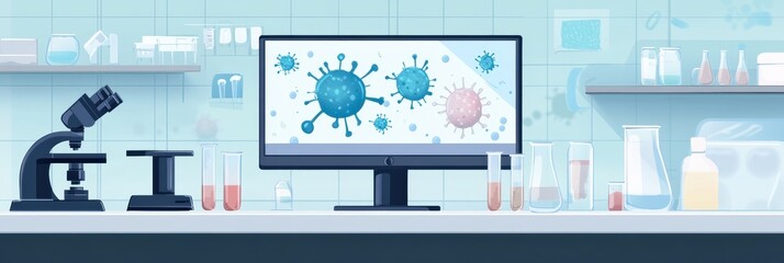 Aufkleber - Laboratory workspace featuring microscopes and test tubes with bacteria visuals displayed on a monitor. Generative AI