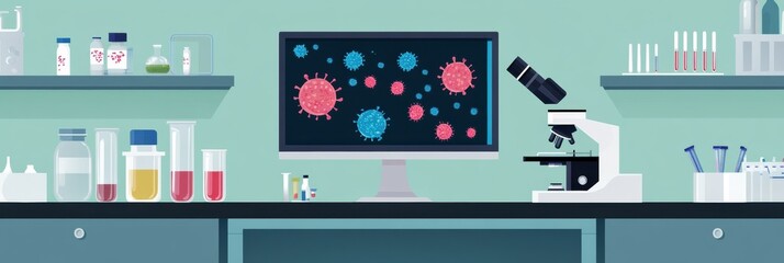 Aufkleber - Laboratory setup featuring microscopes and visualizations of bacteria under examination. Generative AI