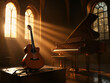 © Justice - piano and a guitar in a room with sunlight streaming in through the windows.