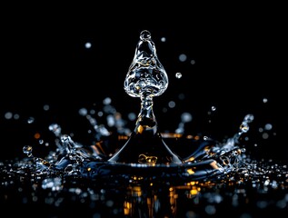 Fototapete - close-up of a droplet of water suspended in the air, with a splash pattern surrounding it against a dark background. The droplet appears clear and sharp, contrasting with the darker surroundings.