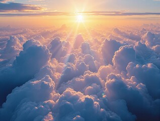 Fototapete - beautiful view of the sky from above, with a stunning sunset or sunrise showcasing bright sunlight shining through the clouds.