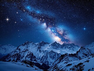 Fototapete -  stunning night sky over a snowy mountain range, with the Milky Way galaxy visible and a few bright stars scattered throughout the sky.