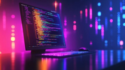 Computer screen displays colorful code lines in a dark room.