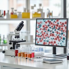Aufkleber - Laboratory setup featuring microscopes and bacteria visuals on monitor with test tubes arranged on the table. Generative AI