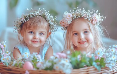 Wall Mural - Two little girls with flower crowns joyfully seated in a basket, embodying the spirit of Easter celebration and springtime innocence.