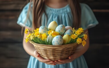 Wall Mural - A young girl in traditional attire holds a basket filled with colorful painted eggs and fresh flowers, symbolizing the joy of Easter celebrations.