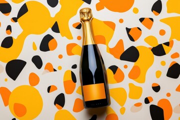 Wall Mural - Abstract Geometric Champagne Bottle Design Featuring Bold Orange and Black Angular Shapes on a Neutral Background