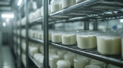 Dairy products stored in a factory on metal racks for processing and distribution activities