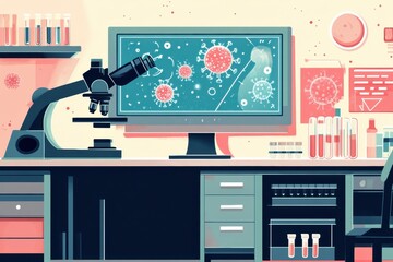 Aufkleber - Laboratory workspace featuring microscopes, test tubes, and bacteria visualization on monitor. Generative AI