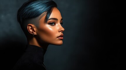 A striking midnight blue undercut hairstyle beautifully frames a youthful face, accentuated by dramatic lighting that highlights every detail