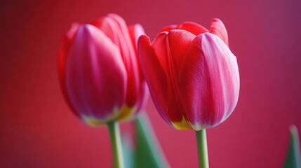 Wall Mural - Two vibrant red tulips elegantly arranged in a clear vase, symbolizing beauty and renewal during the spring season of Easter.