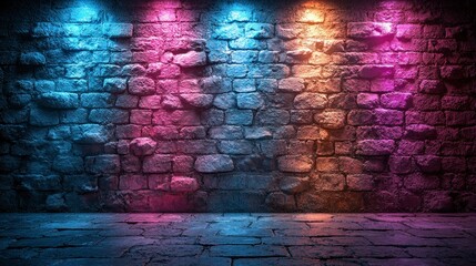 Poster - Glowing brick wall with blue, pink, orange light.