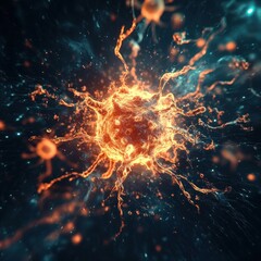 Leinwandbilder - Magnified human cell facing attack from virus in a dramatic microscopic environment. Generative AI